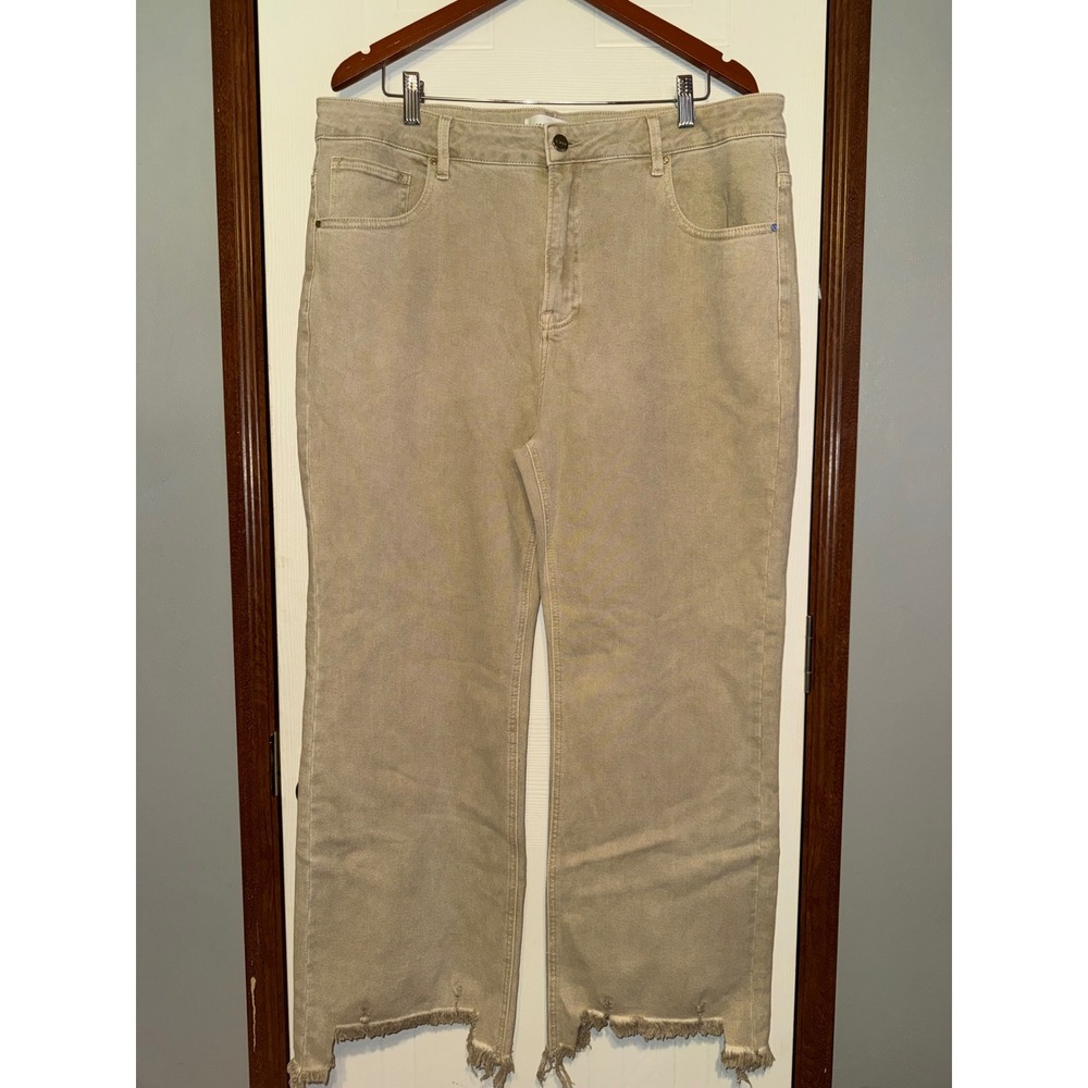 NWT Risen Jeans Khaki Distressed Raw Hem Straight Leg Jeans RDP5813X Size 3X